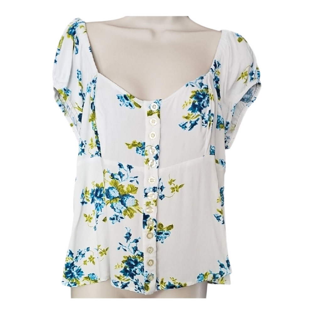 Free People White Floral Button Front Blouse with Blue and Green Print